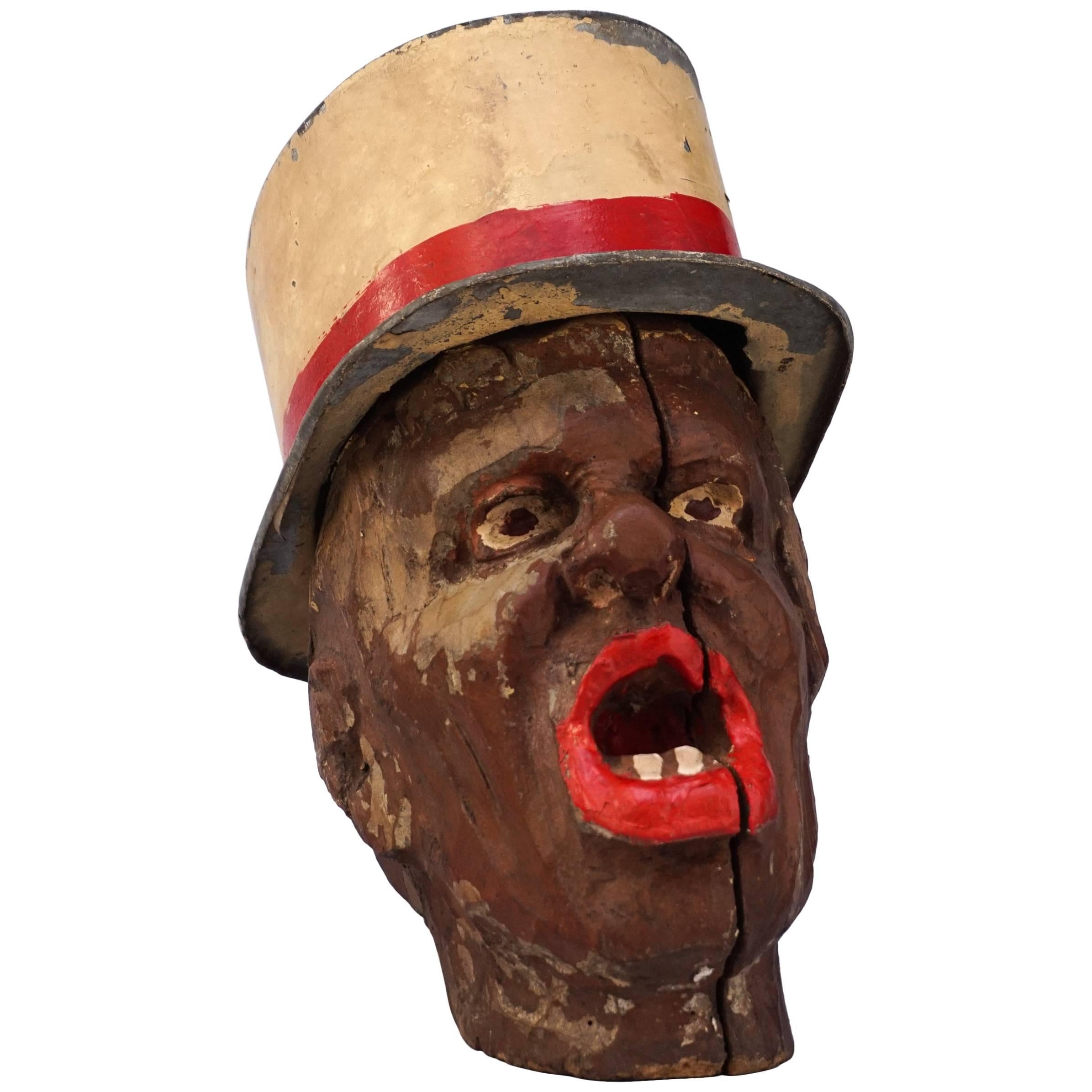 19th Century Carnival Folk Art Carved Wooden Head with Zinc Hat For Sale