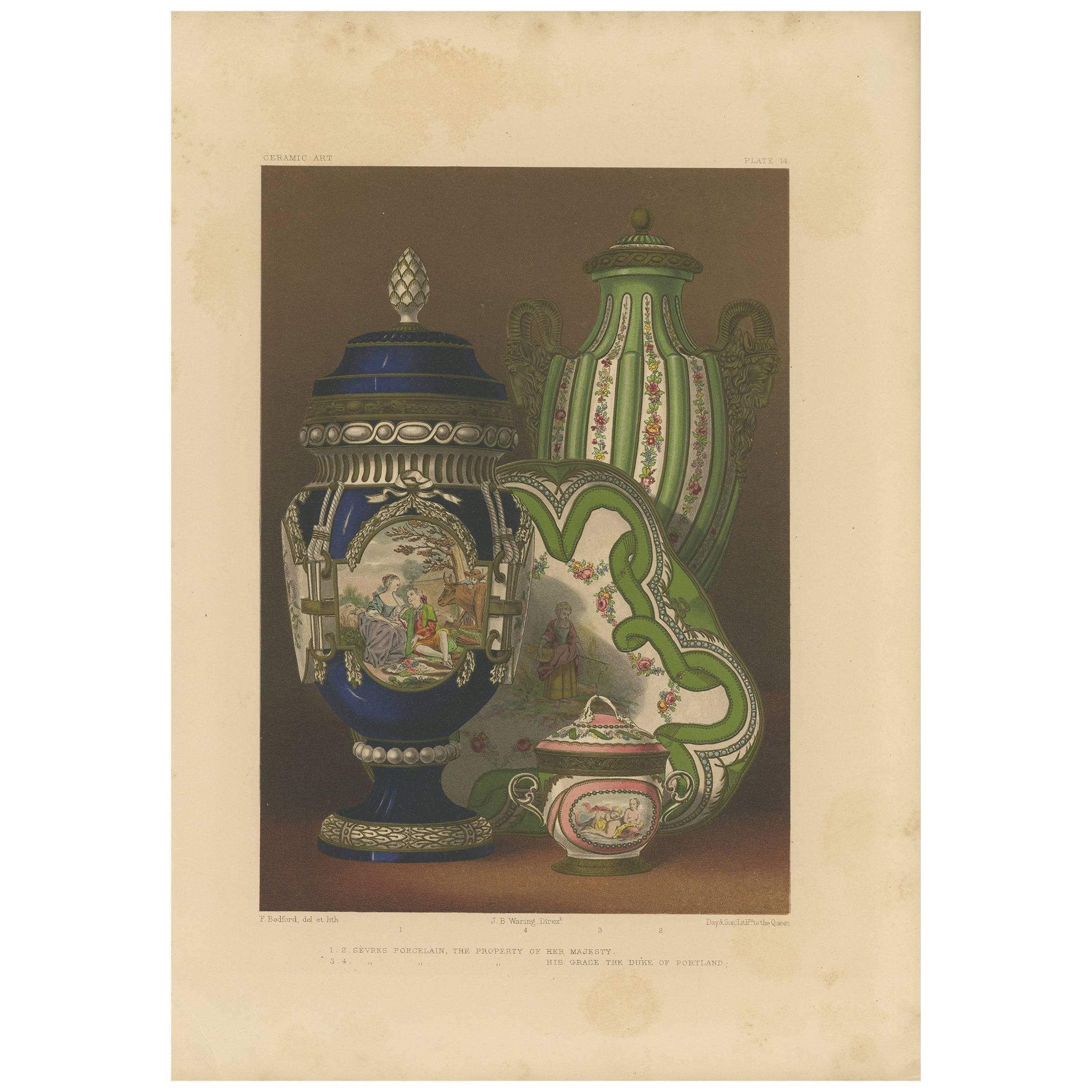 Pl. 14 Antique Print of Sèvres Porcelain by Bedford, circa 1857 For Sale