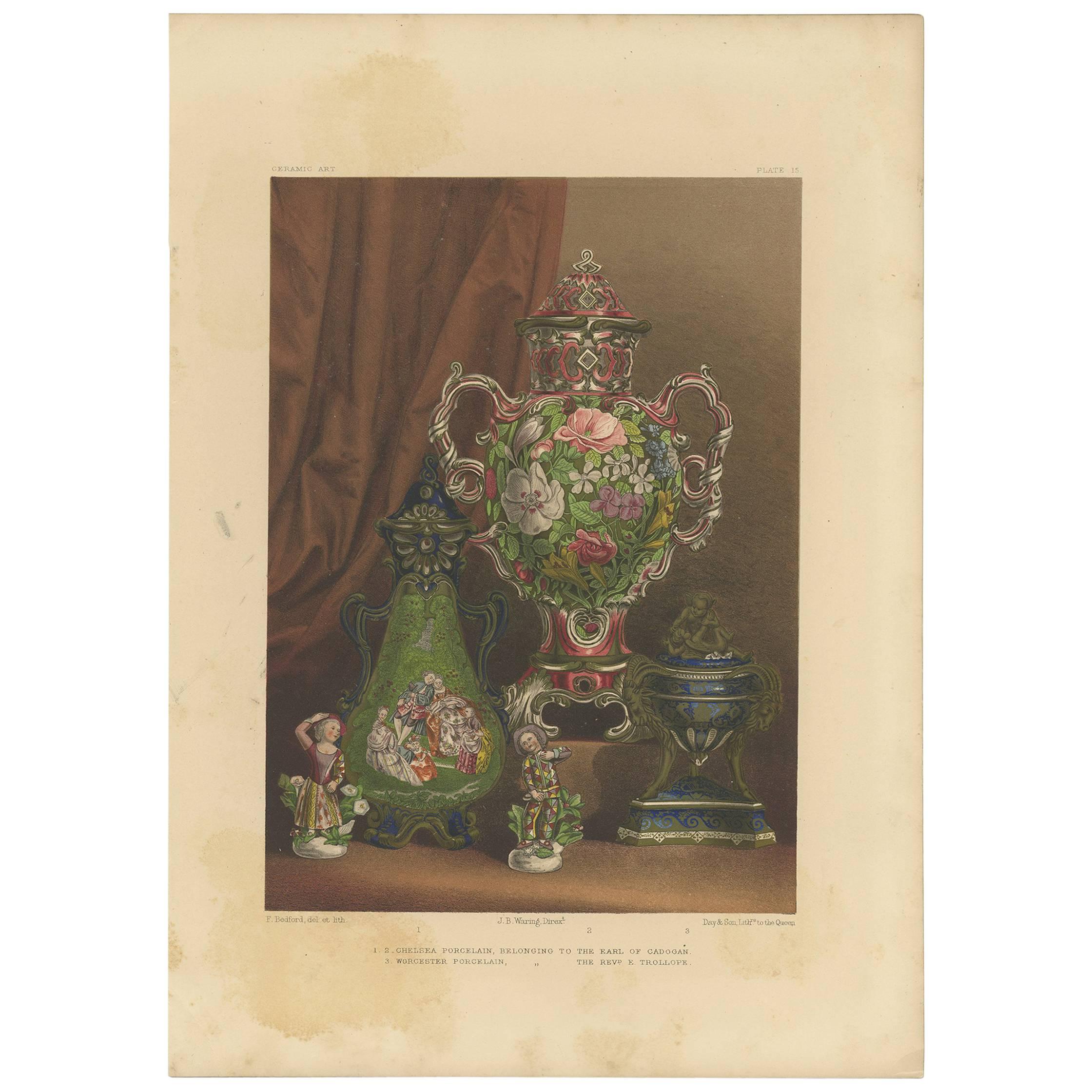 Antique Print of Chelsea and Worcester Porcelain, circa 1857 For Sale