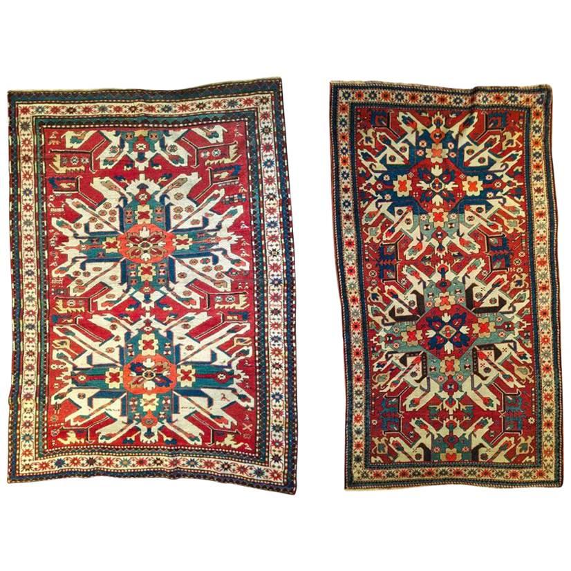 Set of two Eagle Kazak Rugs, Late 19th Century with red blue and beige tones For Sale