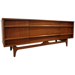Mid-Century Modern Low Concave-Front Walnut Credenza
