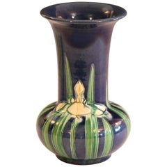 Antique Awaji Pottery Blue Ground Incised Iris Japanese Trumpet Form Vase