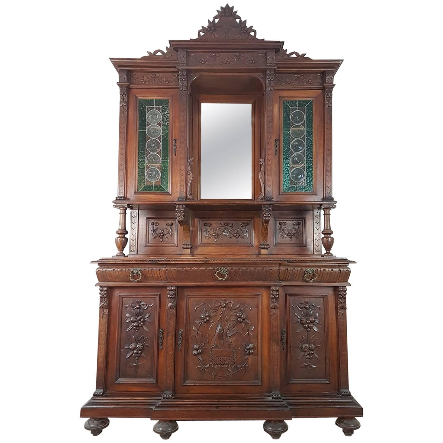 19th Century Italian Renaissance Style Walnut Carved Colored Glasses Sideboards