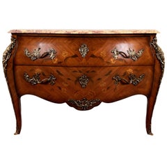 Vintage French Style Bombe Marquetry Commode with Marble Top by J.F. Pogge, Amsterdam