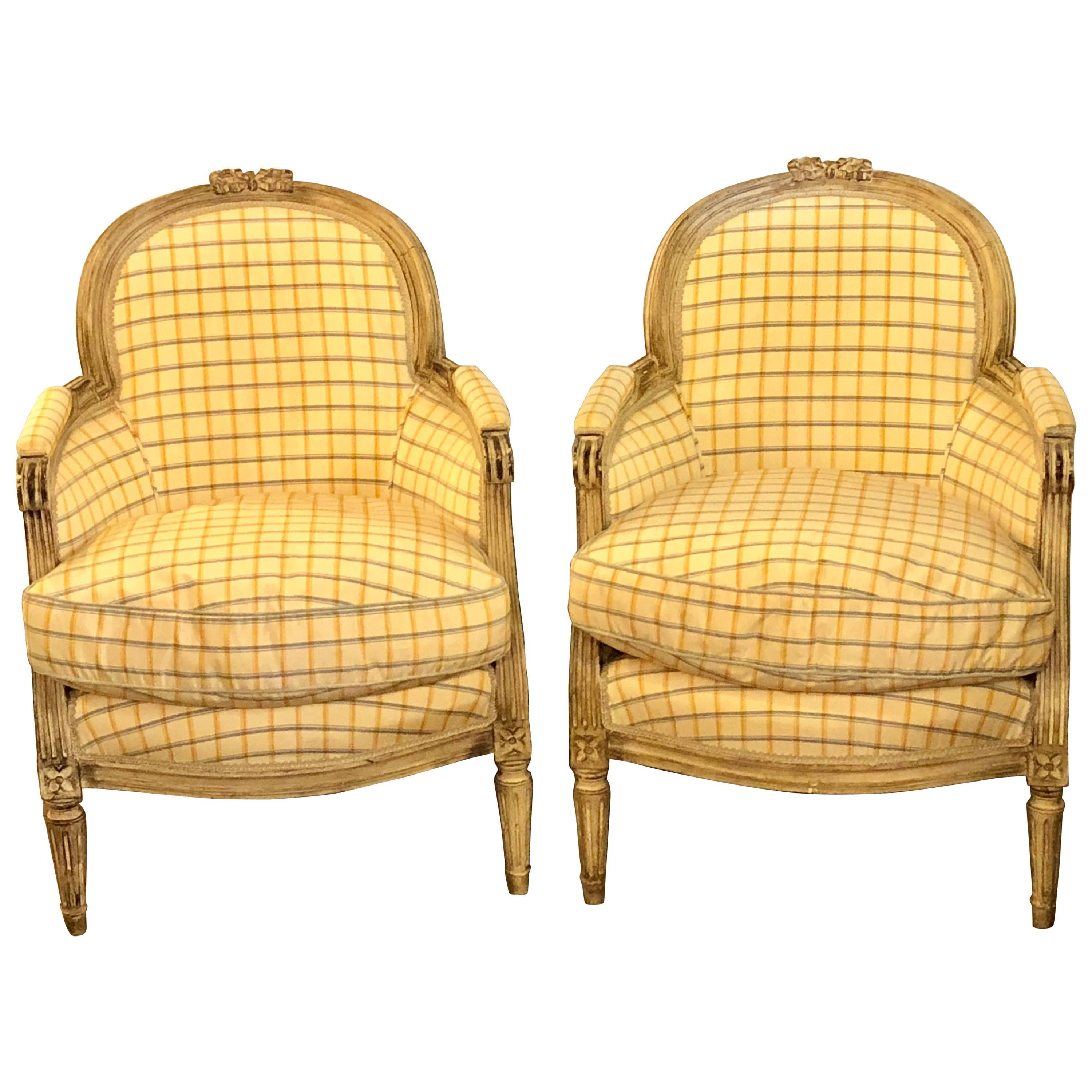 Pair of Maison Jansen Louis XVI Style Bergere Chairs in Burberry Fashion Fabric