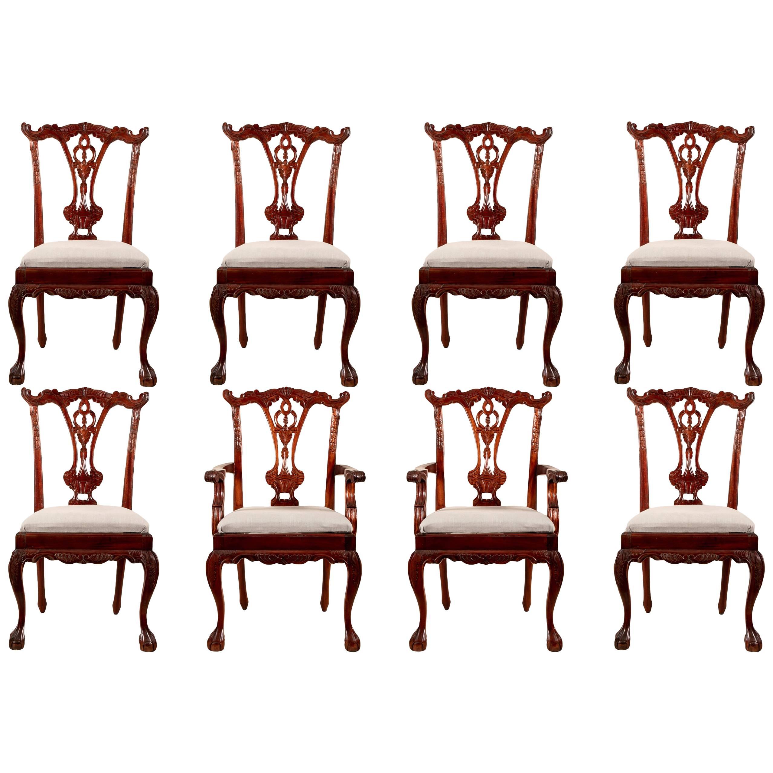 Set of Eight Georgian Style Carved Mahogany Dining Chairs