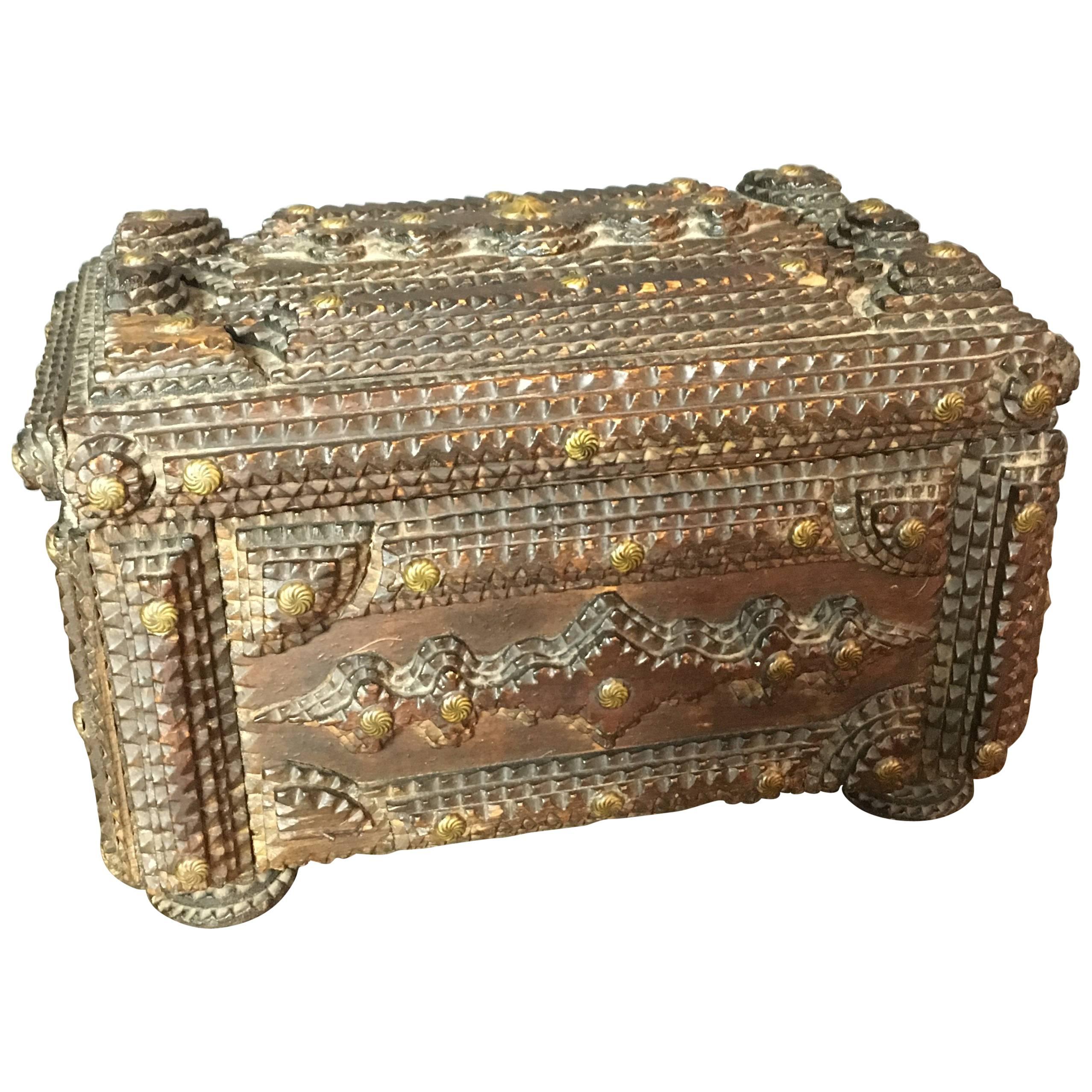Antique Handcrafted Tramp Art Wooden Box