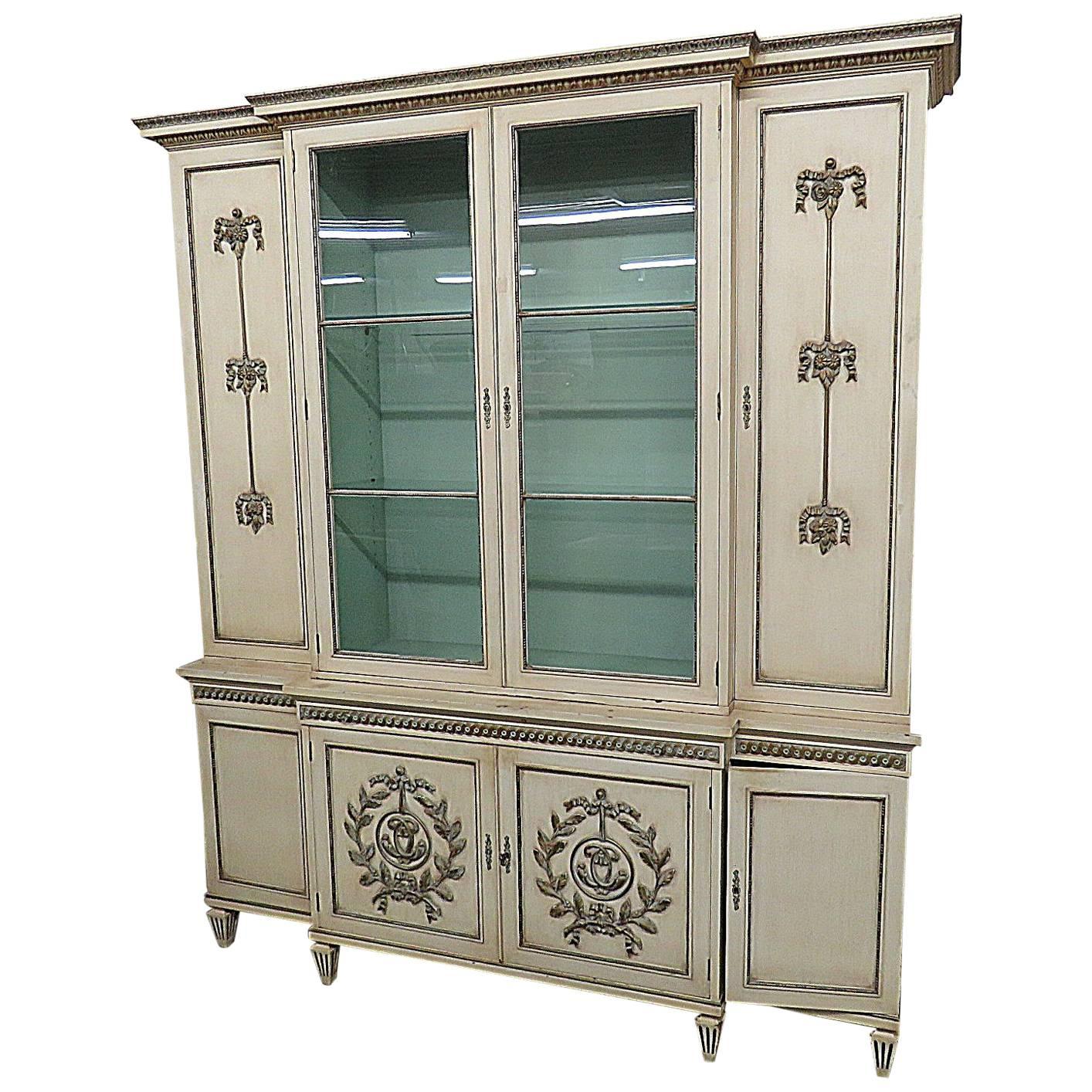 White Lacquer French Louis XVI Breakfront China Cabinet With Pull Out Desk 
