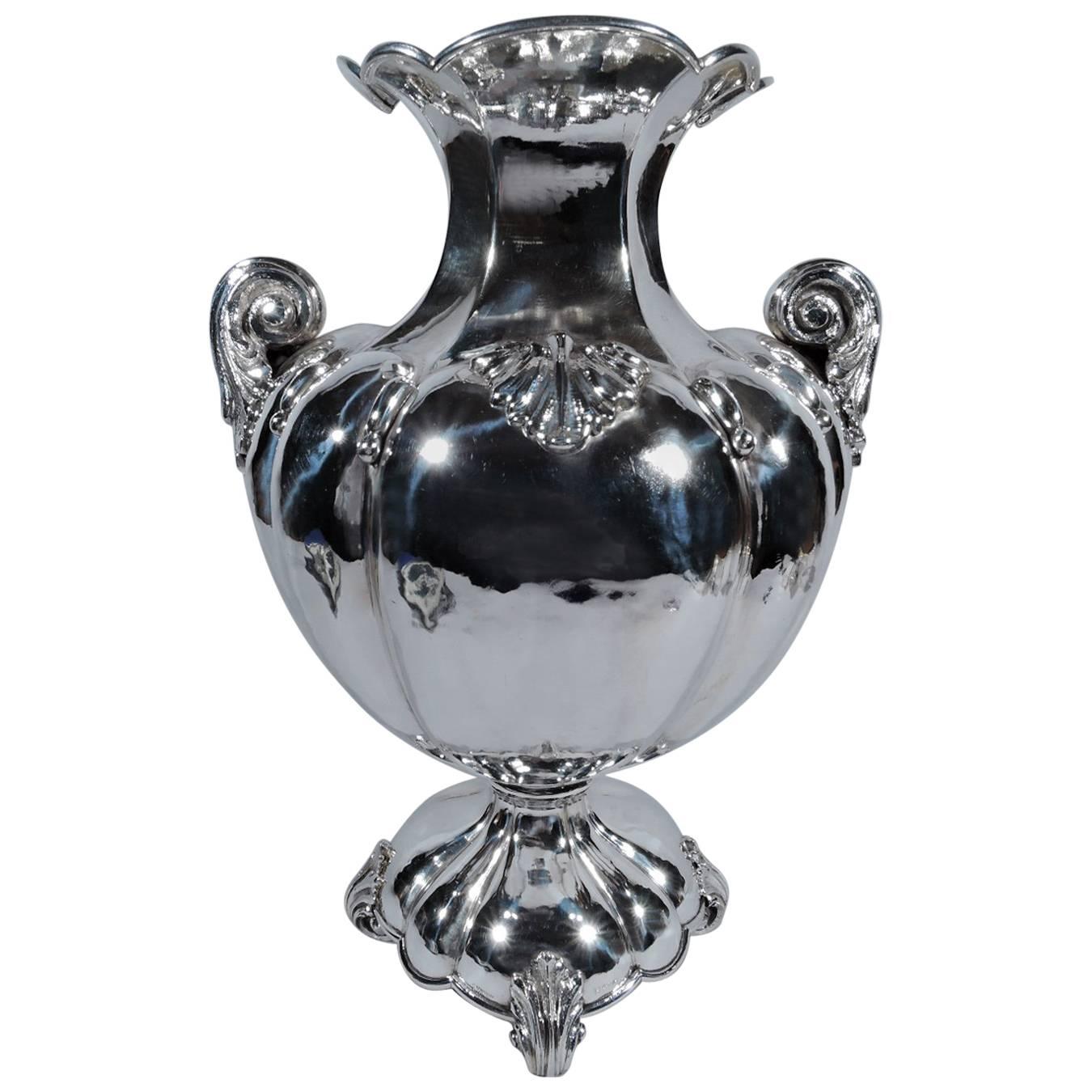 Large Italian Hand-Hammered Silver Classical Amphora Vase