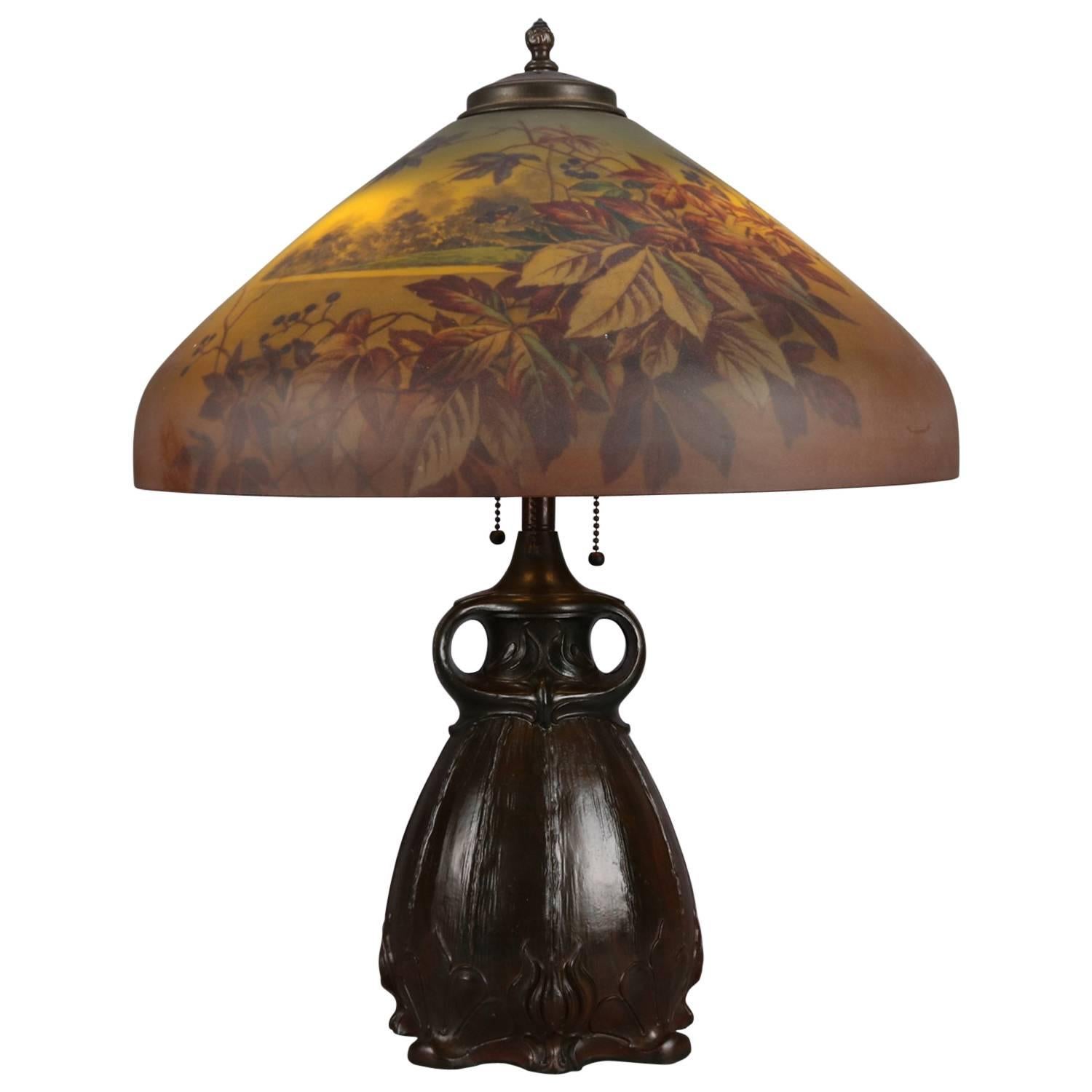 Arts & Crafts Table Handel Lamp with Pittsburgh School Reverse Painted Shade