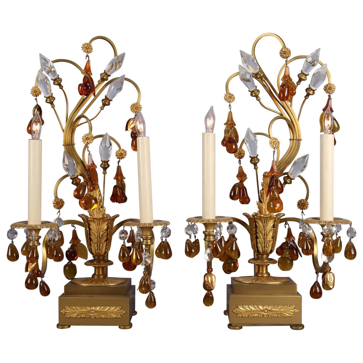 French Amber Glass & Crystal Gilt Bronze Branch & Leaf Electric Candelabra Lamps