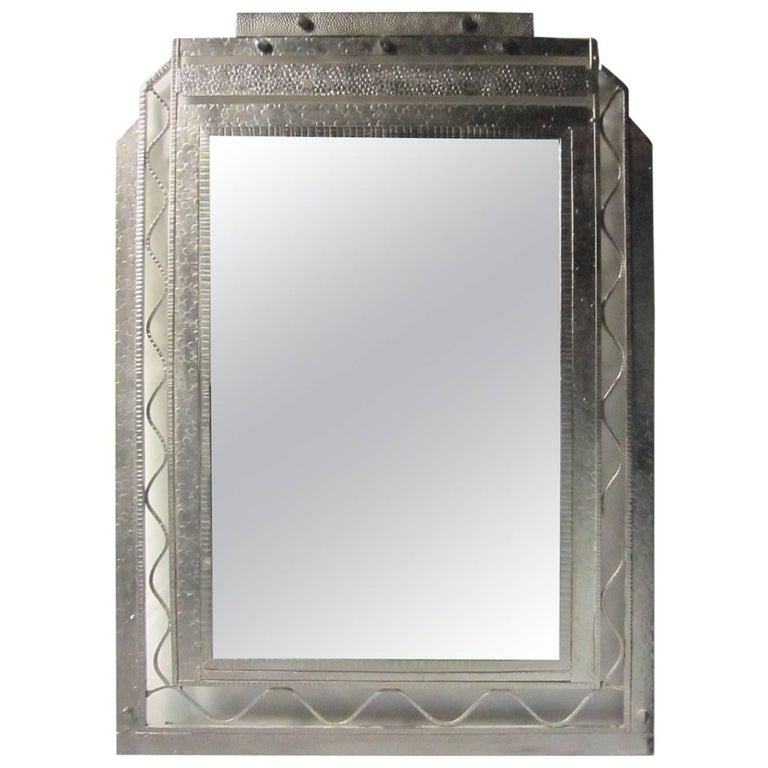 Large Original French Art Deco Hand-Hammered Nickeled Iron Mirror For Sale
