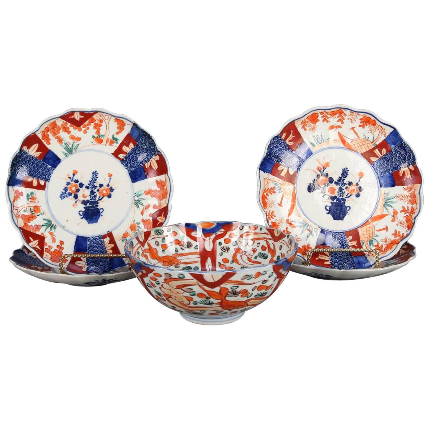 Five Antique Japanese Meiji Imari Hand-Painted Floral Porcelain Serveware