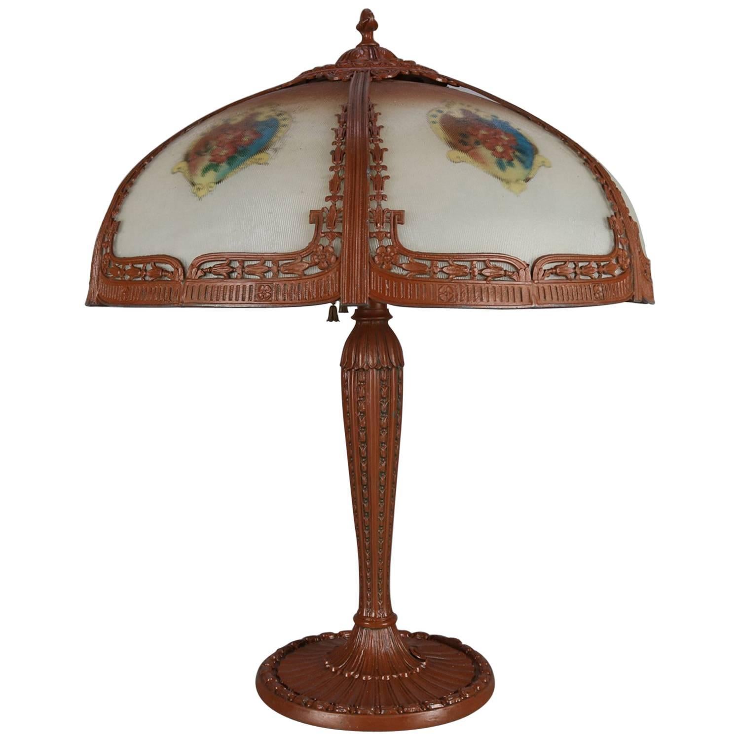 Arts & Crafts Antique Pittsburgh School Reverse Floral Painted Table Lamp,
