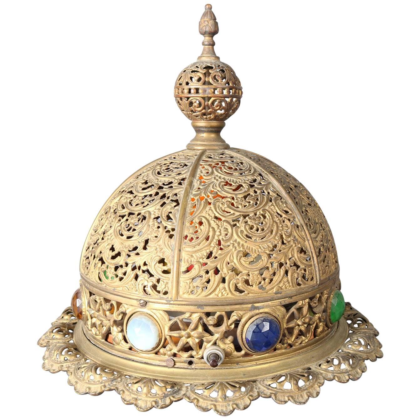 Antique Moorish Jewelled and Reticulated Brass Moroccan Dome Table Lamp