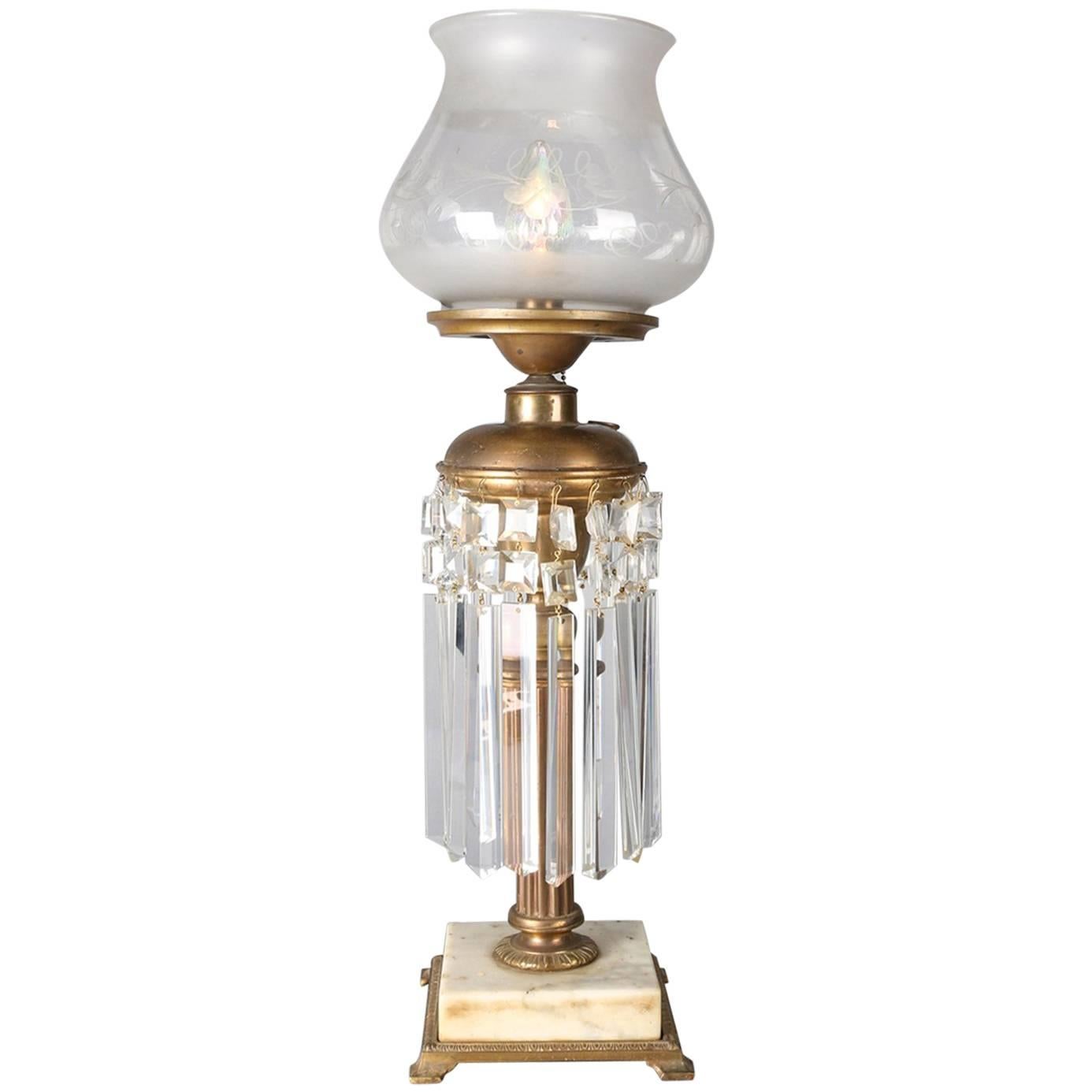 Antique Gilt, Marble and Crystal Electrified Solar Lamp, 19th Century