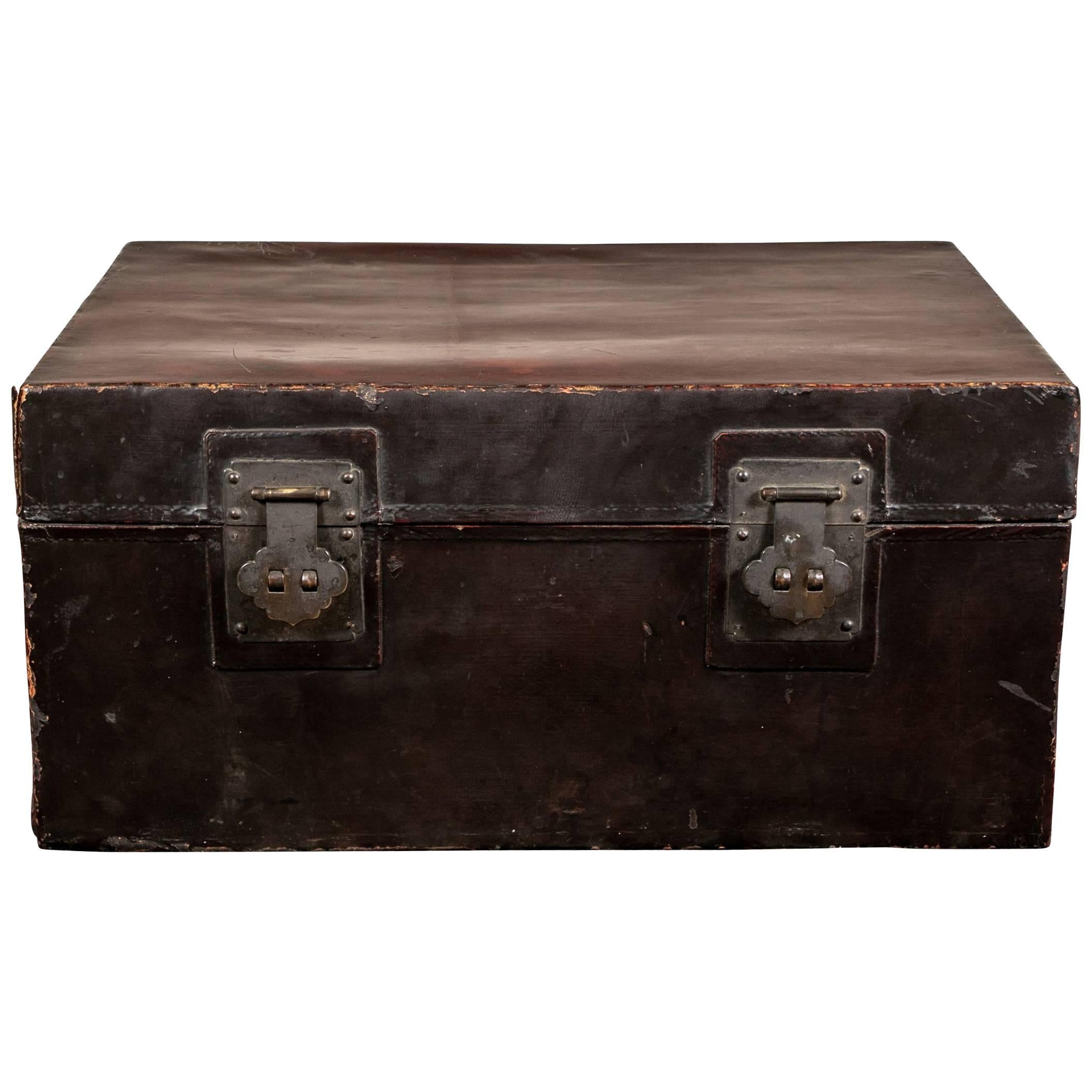 Antique Chinese Double-Lock Pig Skin Trunk as Coffee Table