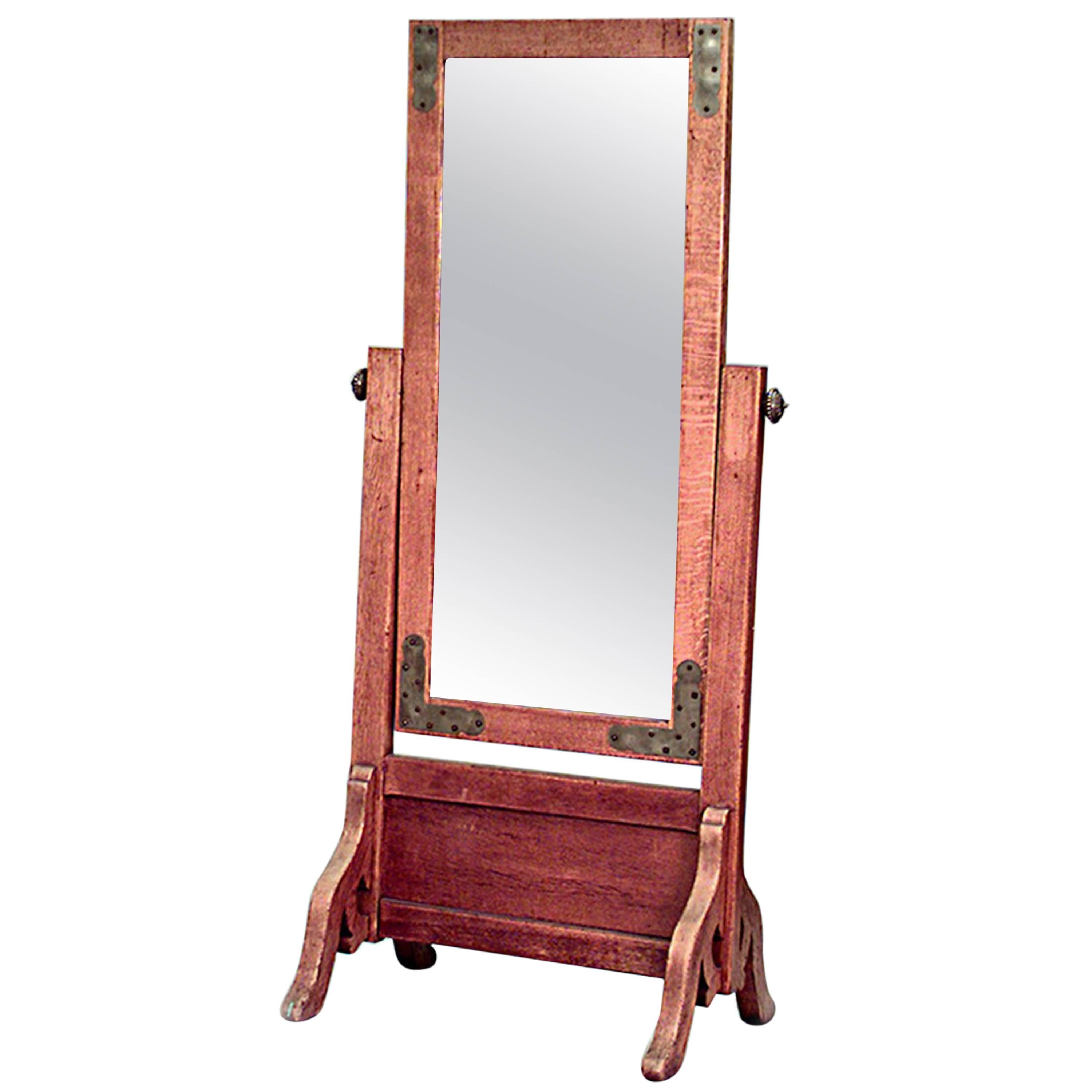 American Mission Oak and Brass Cheval Mirror For Sale