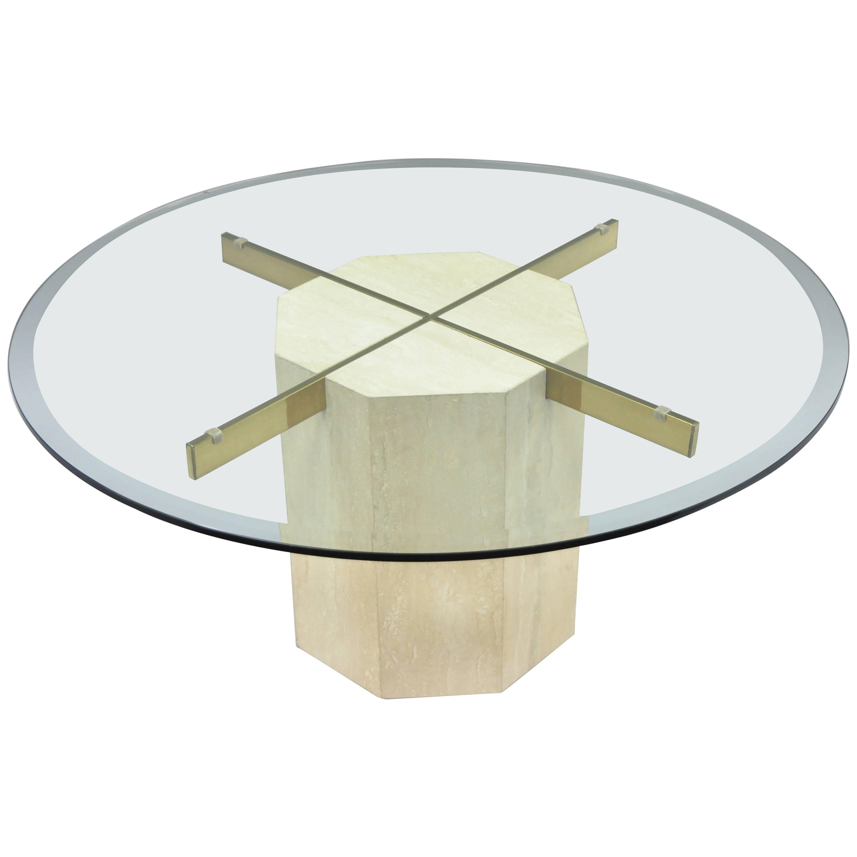 Mid-Century Modern Travertine and Brass Round Glass Top Coffee Table by Artedi