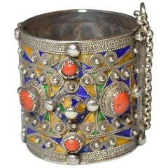 Vintage Kabyle Berber Tribal Silver Enamel Coral Cuff