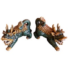Antique Pair of Chinese Famille Verte Foo Dogs