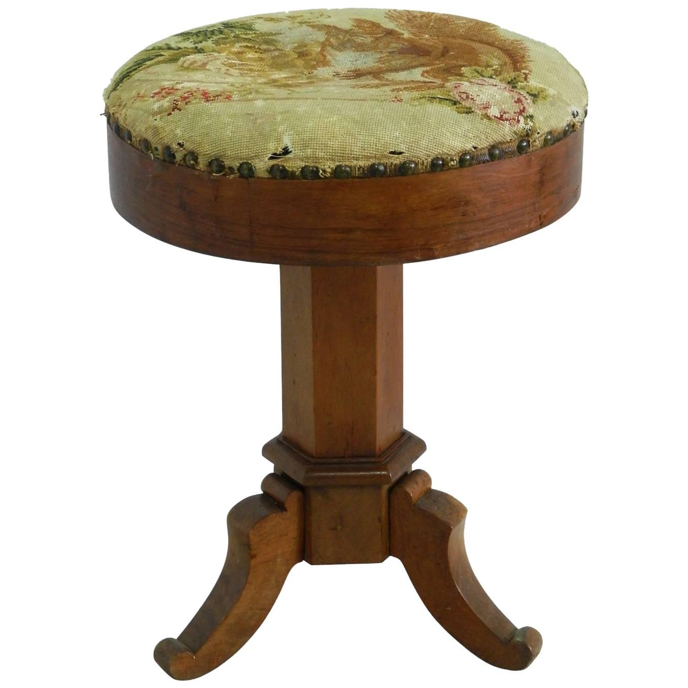 Piano Stool Adjustable French Revolving Tapestry Music Dressing Stool circa 1910 For Sale