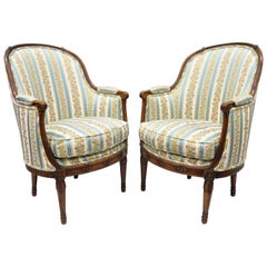 Pair French Louis XVI Directoire Maison Jansen Style Walnut Bergere Arm Chairs