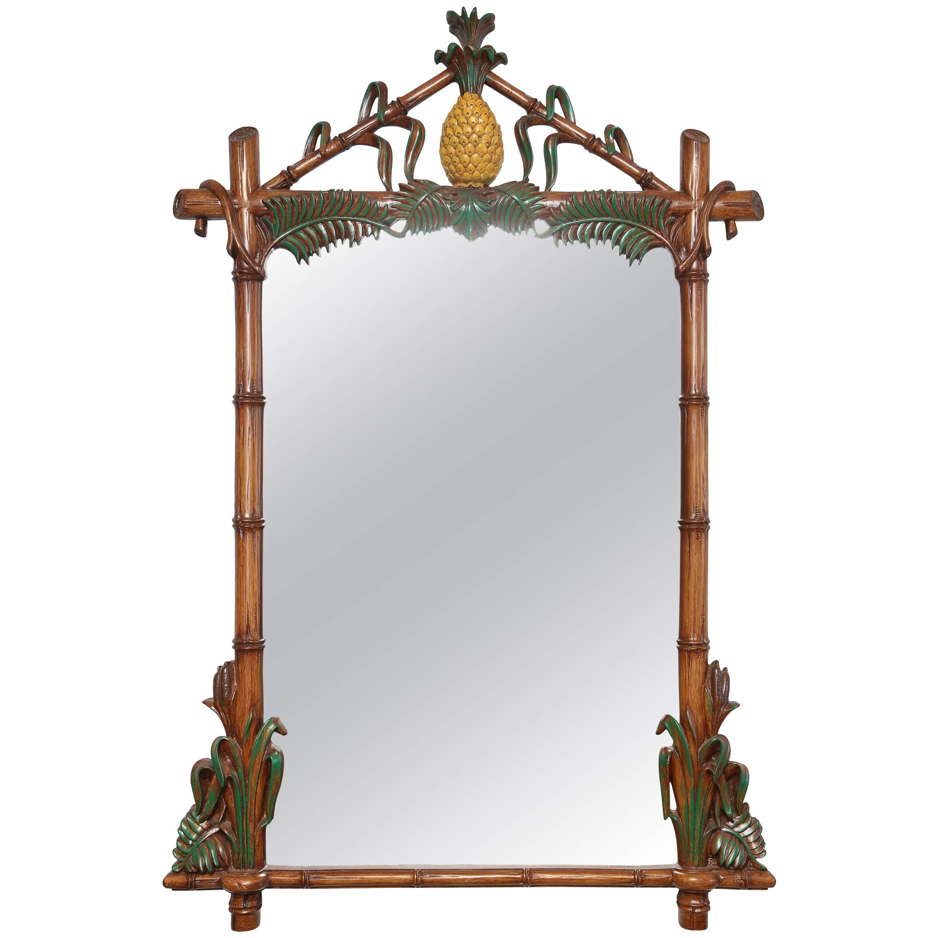 Superb Faux Bamboo Composition Mirror with Pineapple Finial