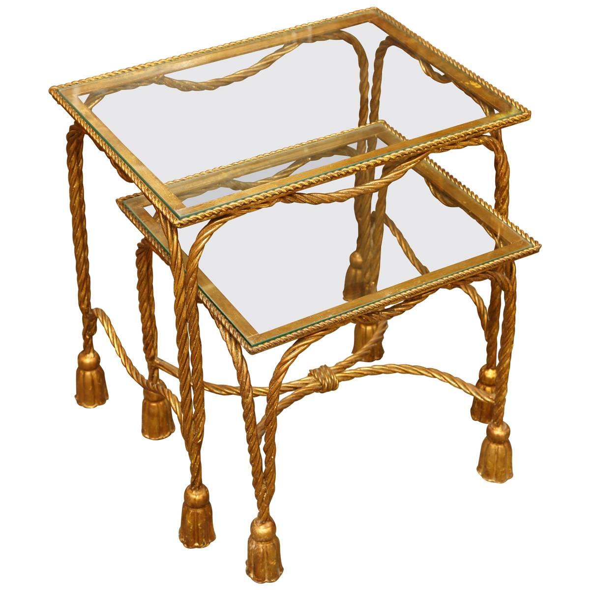  Superb Pair of Vintage Metal Rope and Tassel Nesting Tables