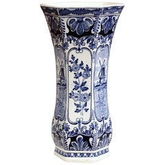 Early 20th Century Dutch Blue and White Hand-Painted Delft Vase with Windmill