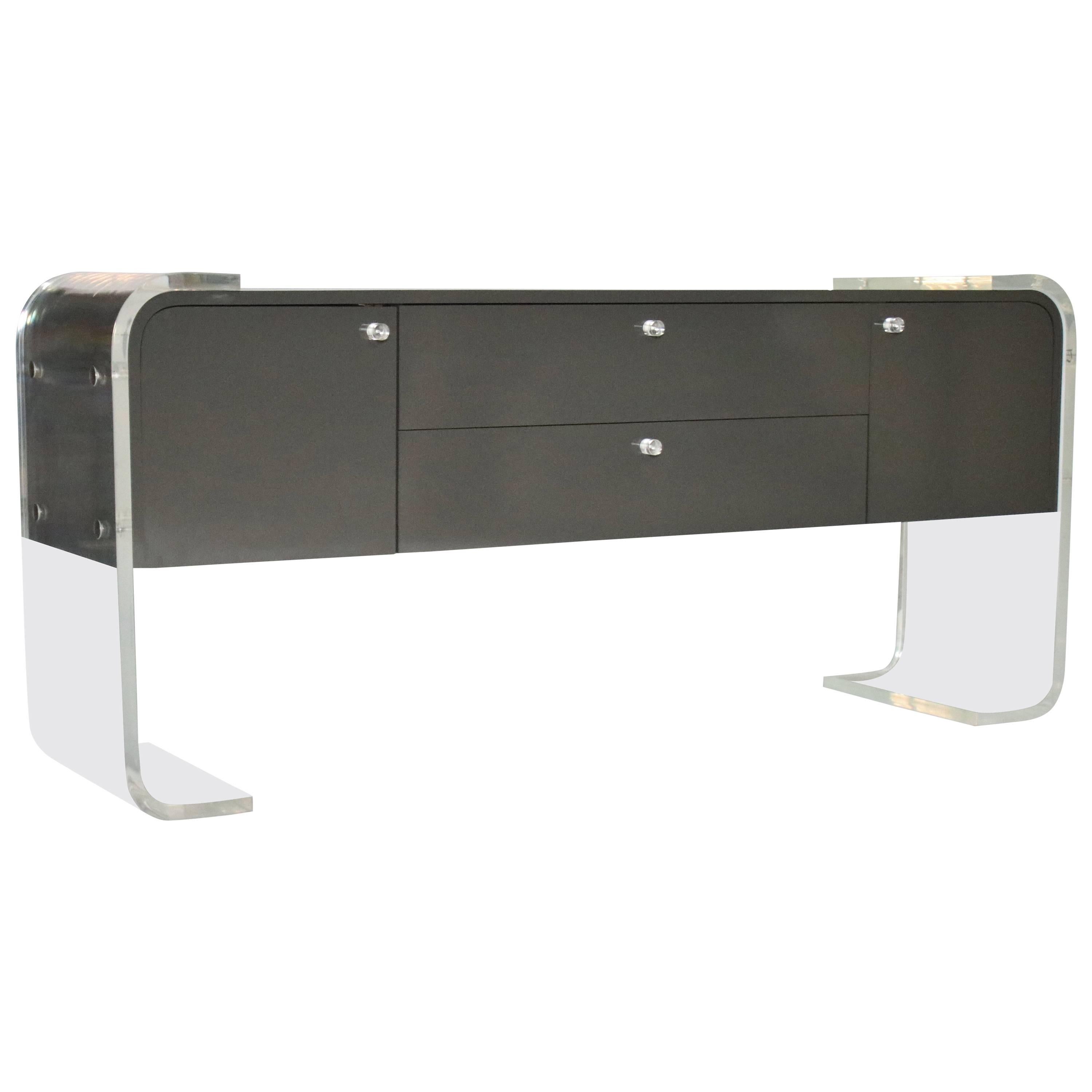 Lacquered Grey Sideboard W Antique Mirrored Fronts And Lucite Legs Lacquered Grey Sideboard W Antique Mirrored Fronts And Lucite Legs