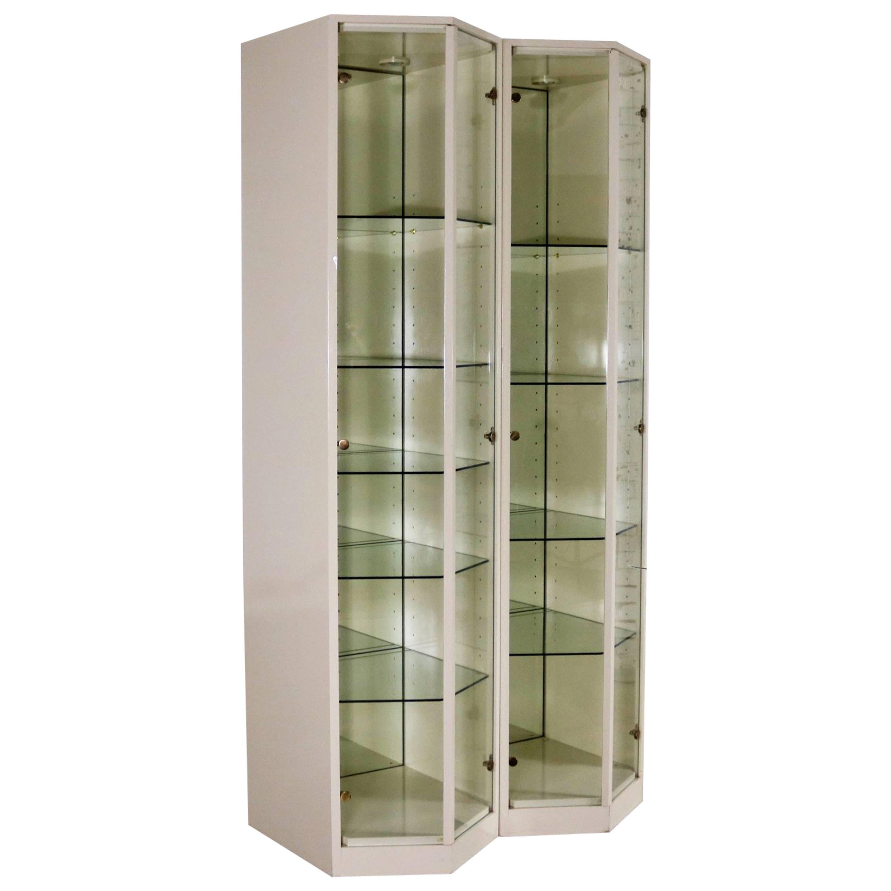 Modern Ivory Lacquered Narrow V Front Lighted Display Cabinets, Pair