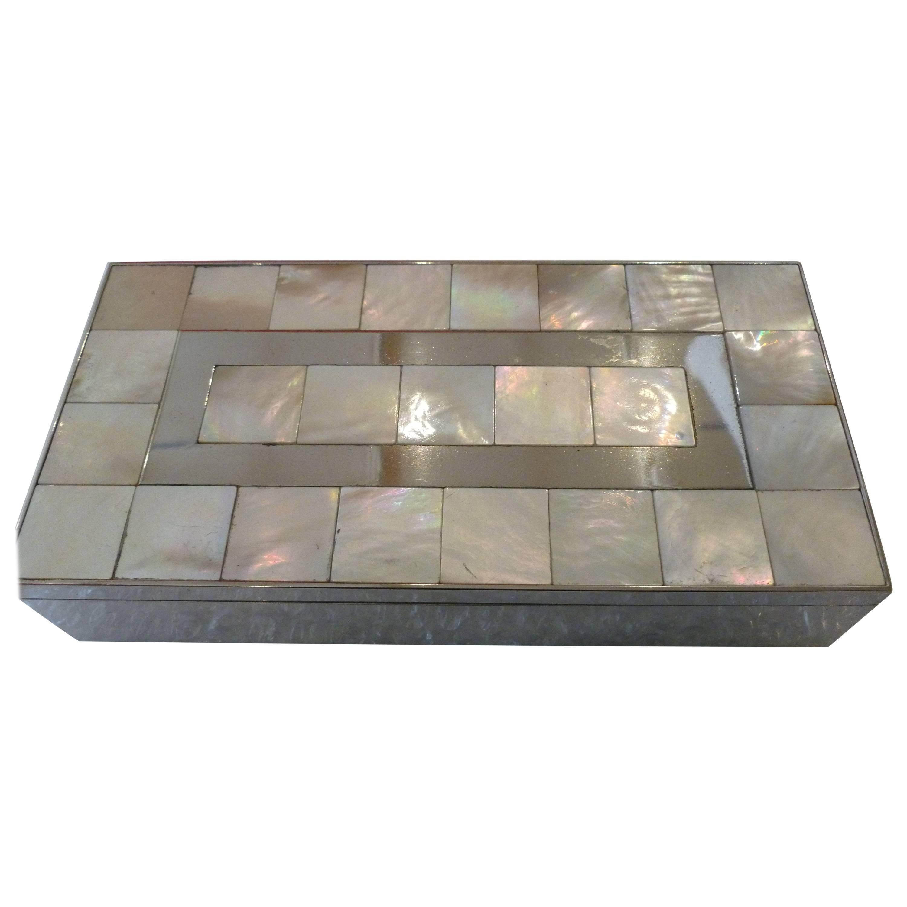 Mother-of-Pearl, Wood and Nickel Silver Rectangle Vintage Hinged Box