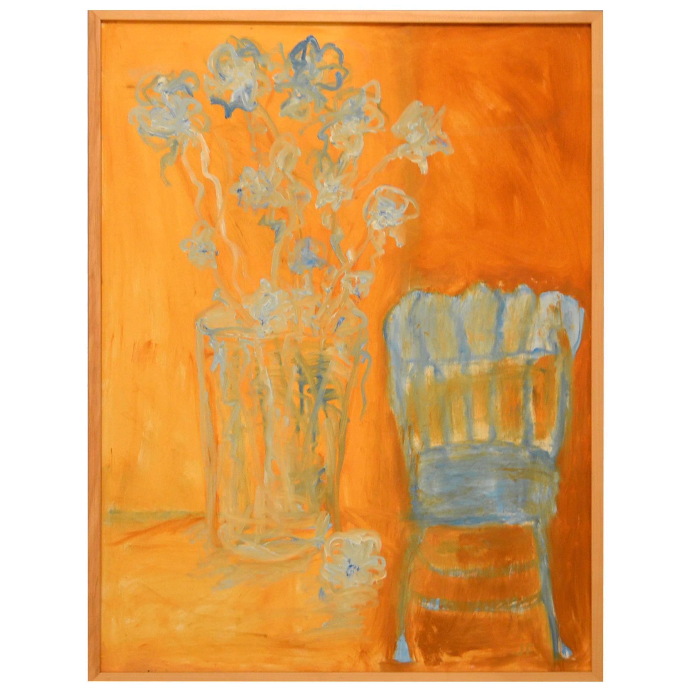 Expressionist Still Life, Blue Flowers and Blue Chair by JoAnne Fleming For Sale