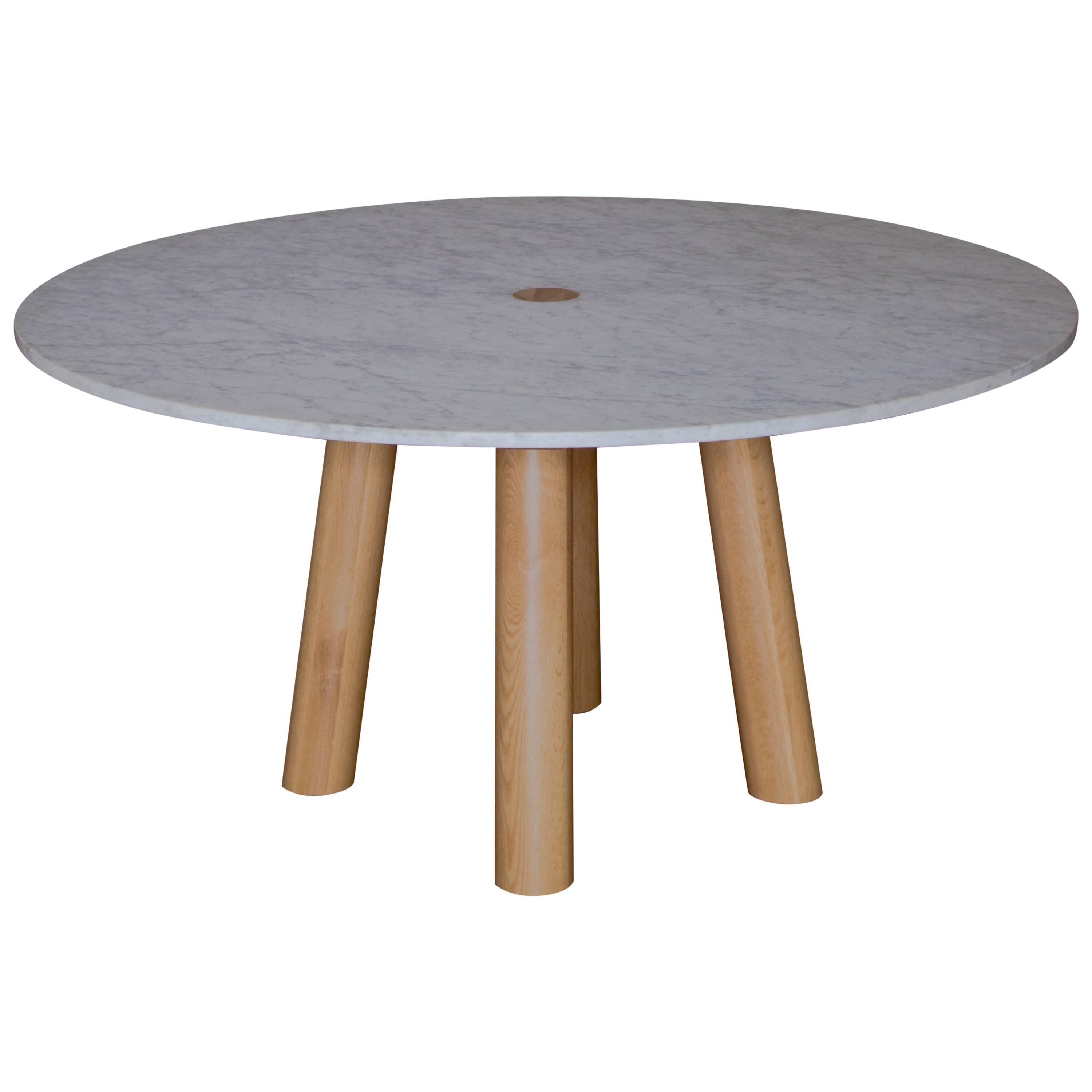 Round Stone Column Dining Table in Marble and White Oak Wood by Fort Standard