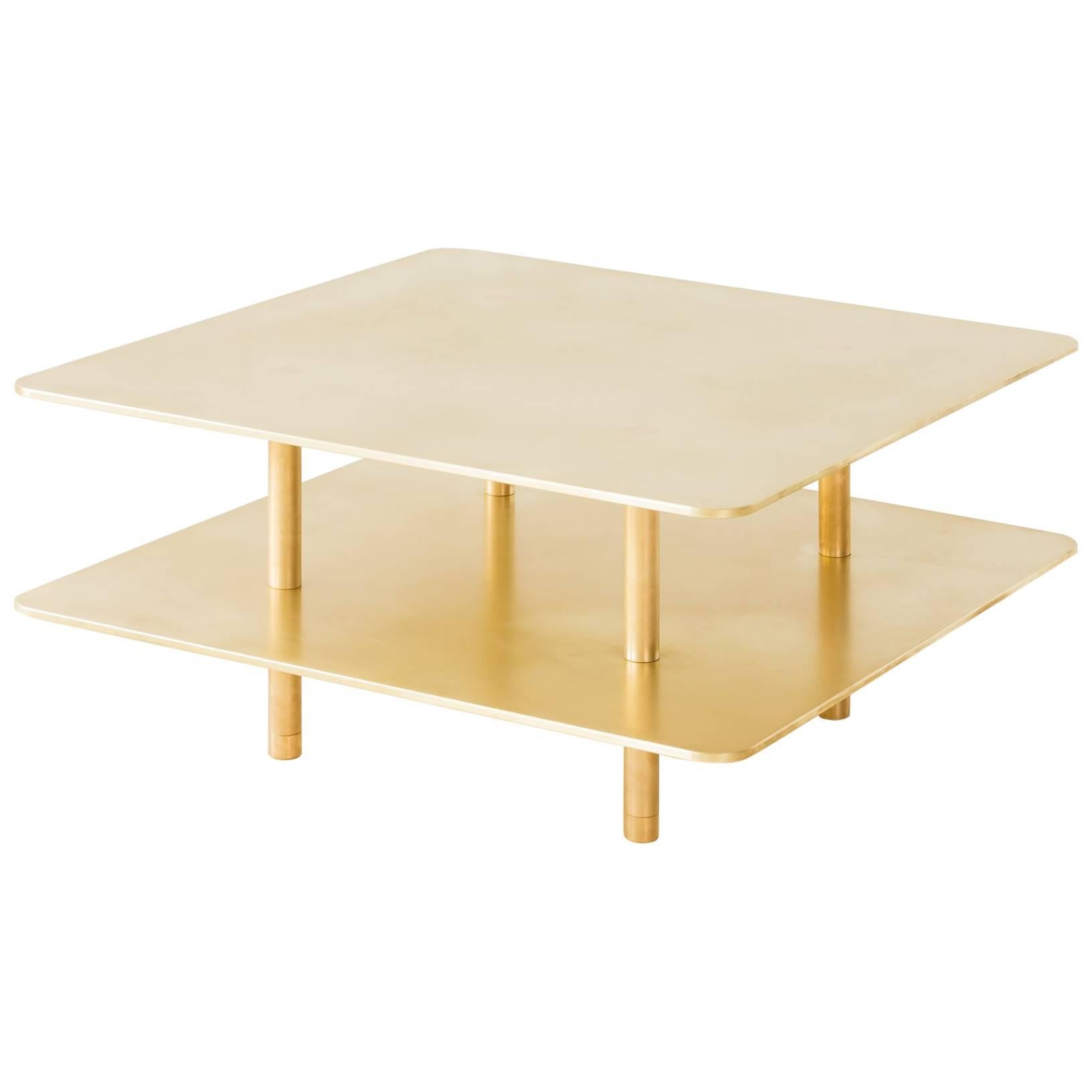 Contemporary Two Tier Strata Coffee Table in Brass by Fort Standard, in Stock