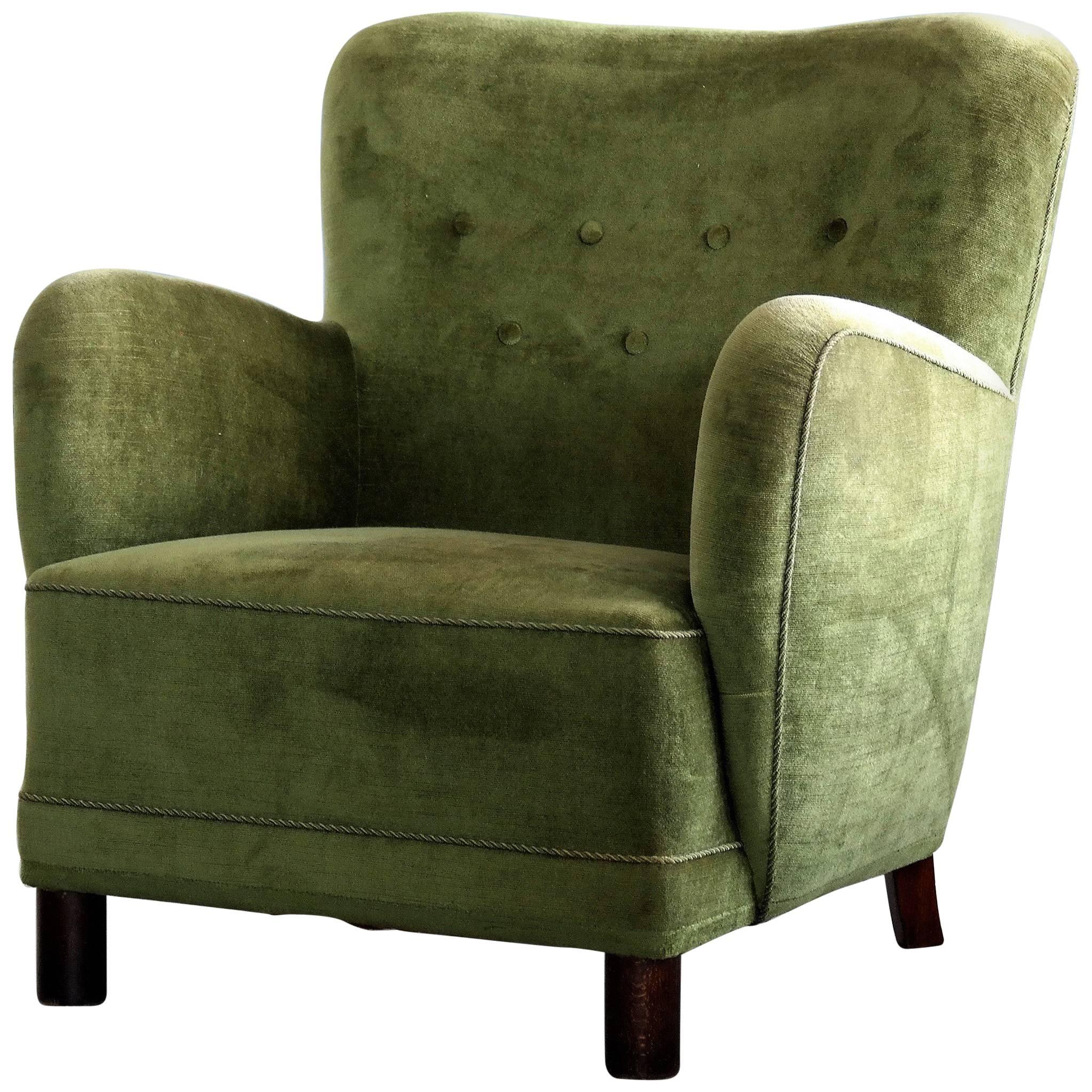 Danish Midcentury, 1940s Mogens Lassen Attributed Lounge Chair in Mohair Velvet