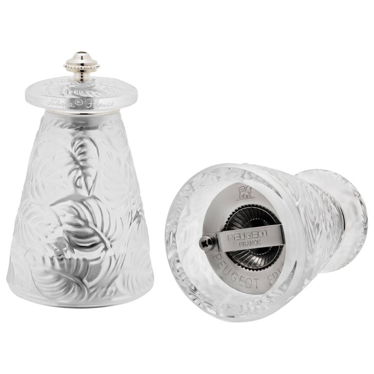 Lalique Peugeot and Lalique Feuilles Salt and Pepper Grinders, Set of Two For Sale