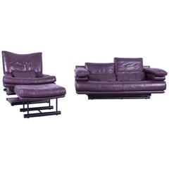 Rolf Benz 6500 Designer Leather Sofa Set Purple Three-Seater, Armchair