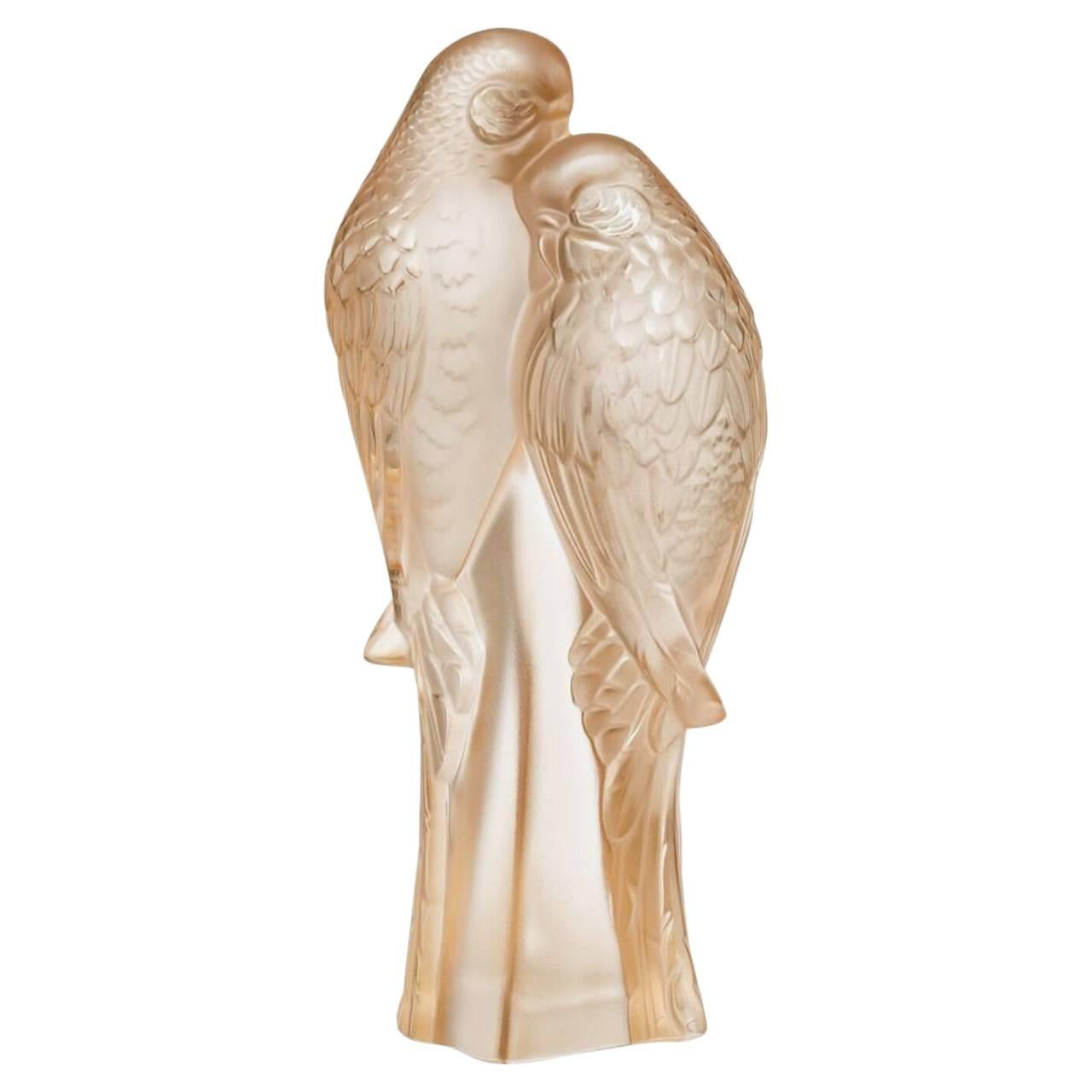 Lalique Two Parakeets Sculpture in Beige Crystal
