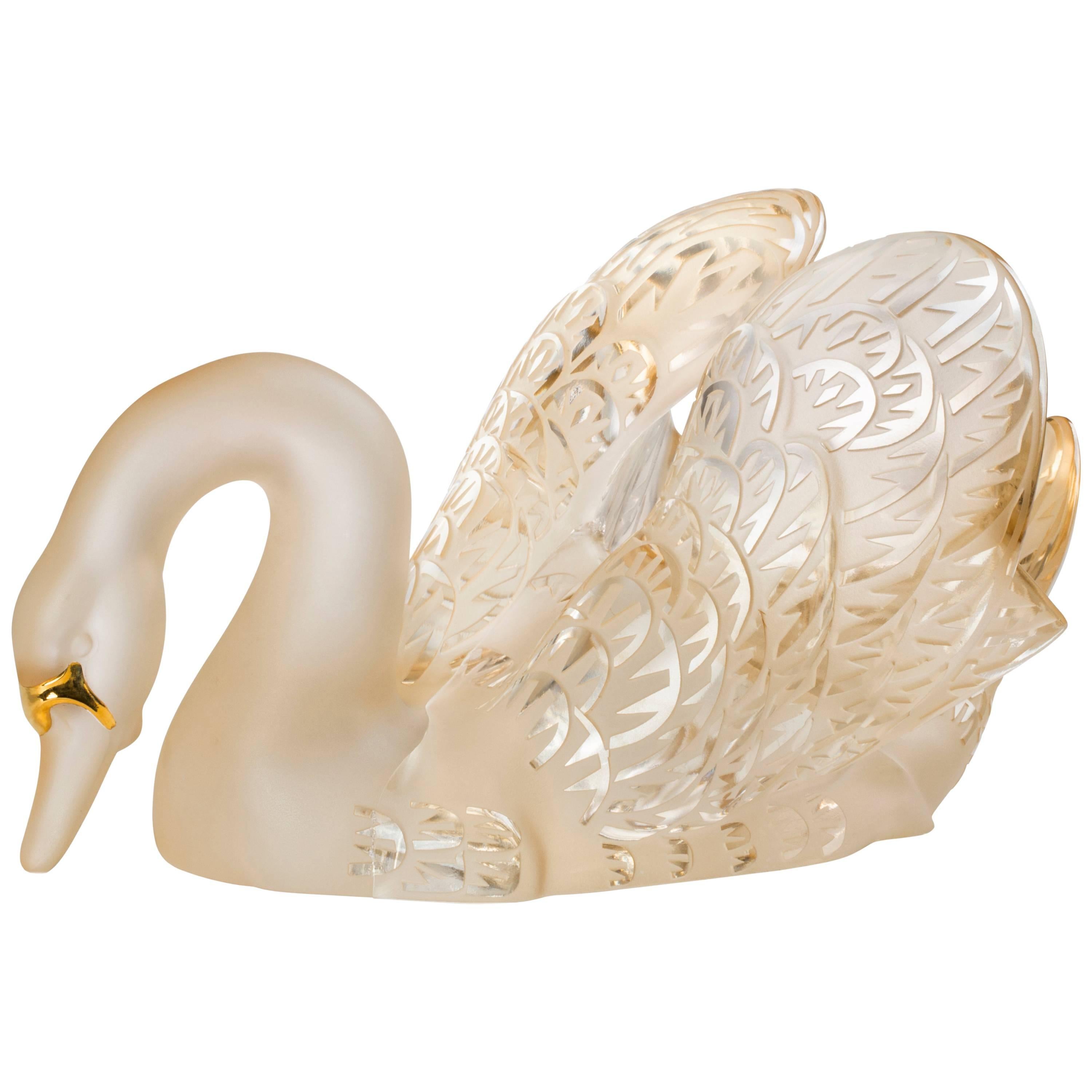 Lalique Swan Head Down Figure/Sculpture in Gold Luster Crystal For Sale
