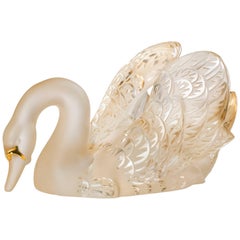 Lalique Swan Head Down Figure/Sculpture in Gold Luster Crystal