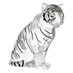 Lalique Sitting Tiger Grand Sculpture in Black Enamel