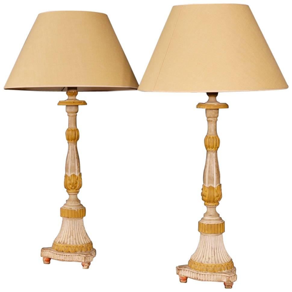 Antique Pair of French Lamps in Lacquered Wood from 19th Century