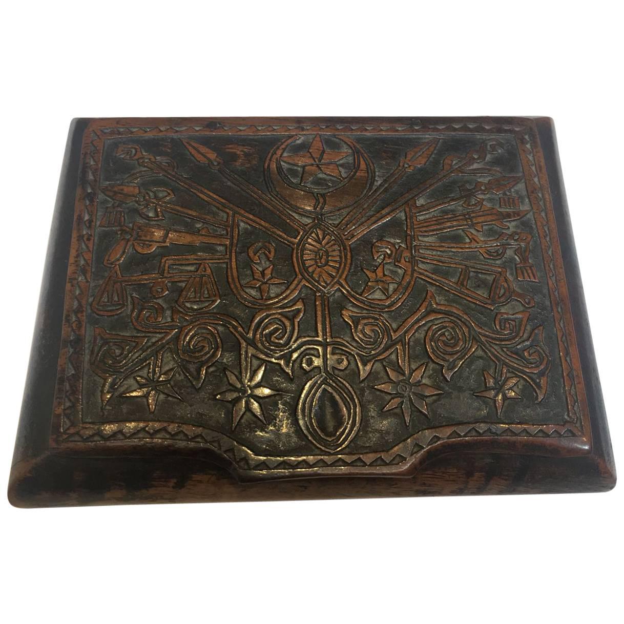 19th Century, Small Turkish Wooden Box with Engraved Lid For Sale