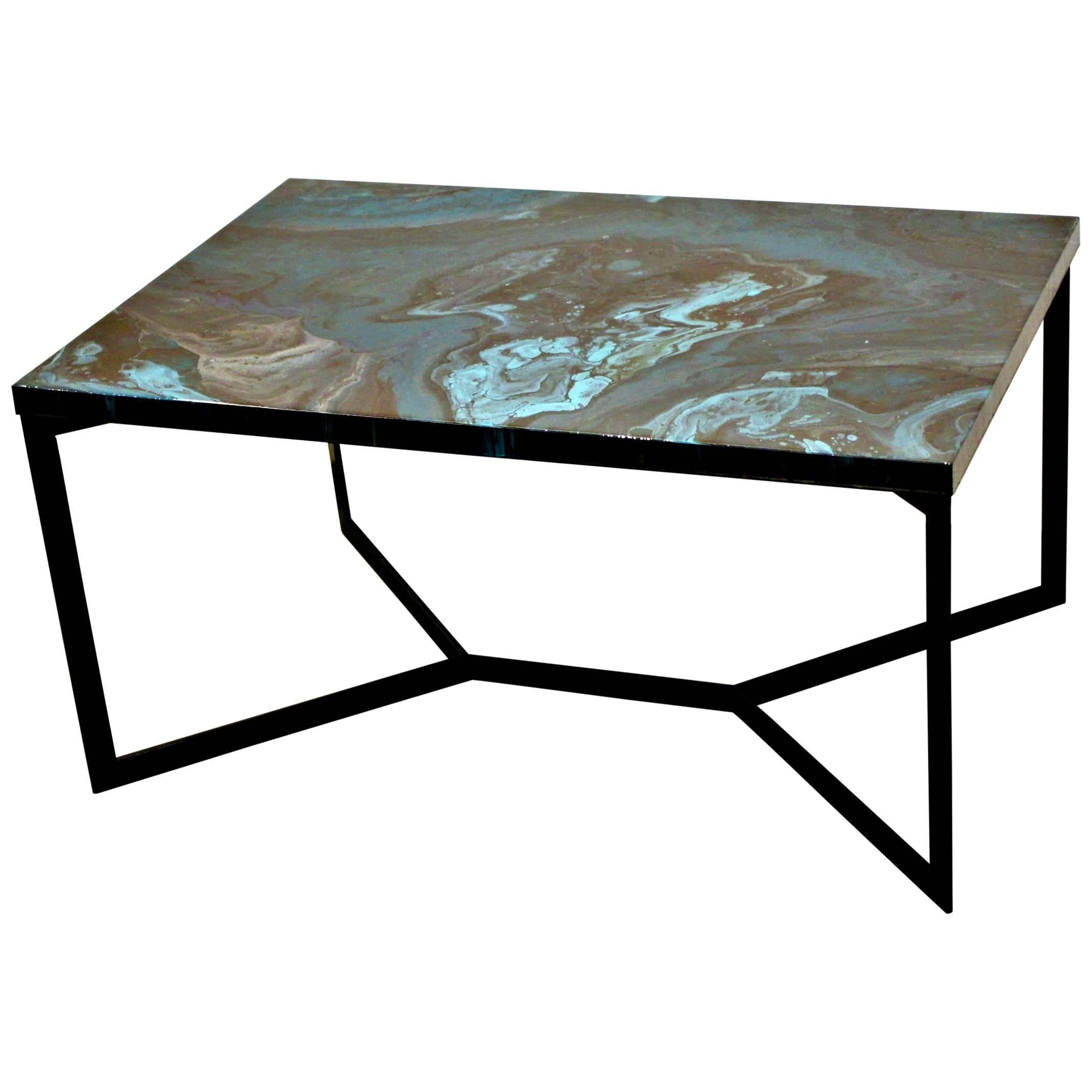 Contemporary Resin Coffee Table "Emeralds of Africa" on Black Satin Steel Base For Sale