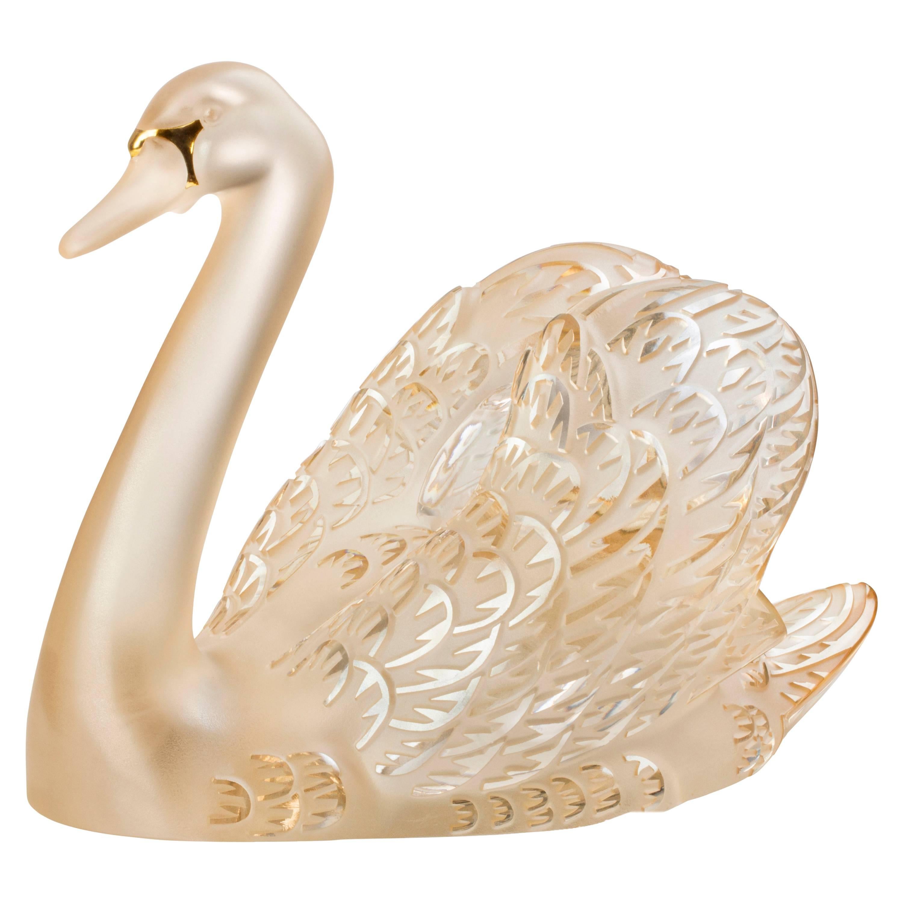 Lalique Swan Head Up Figure in Gold Luster Crystal