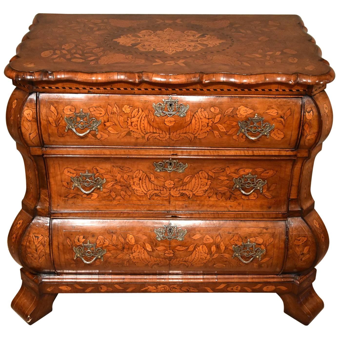 Wonderful Floral Marquetry Dutch Bombe Fronted Chest of Drawers