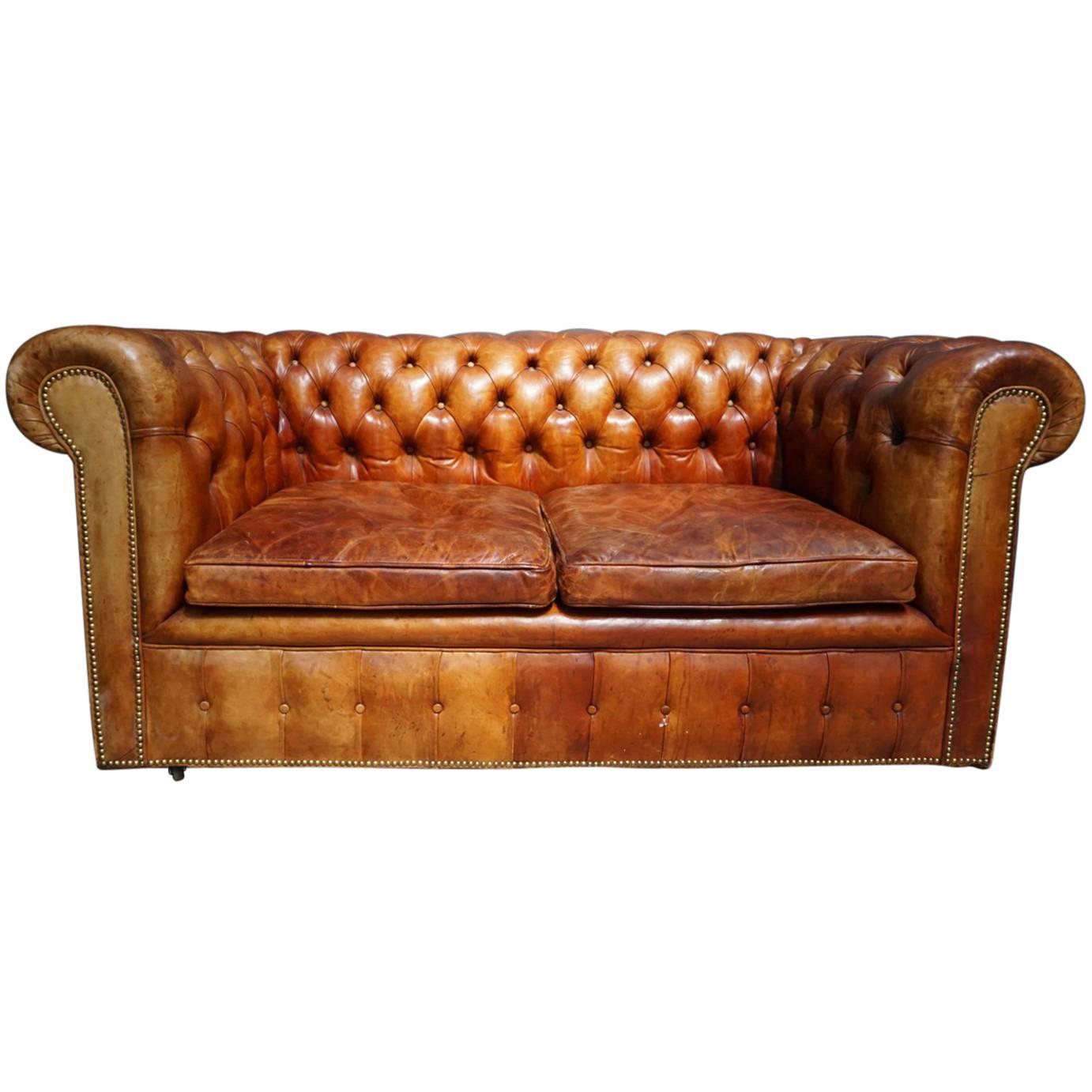 Vintage Midcentury Cognac Leather Two-Seat Chesterfield Sofa