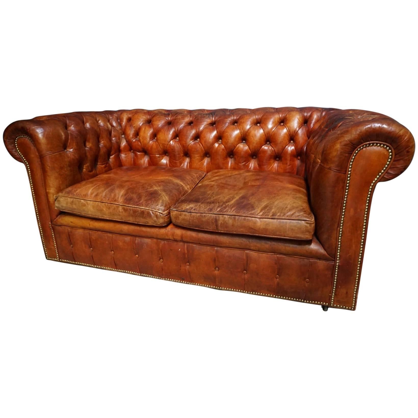 Vintage Midcentury Cognac Leather Two-Seat Chesterfield Sofa